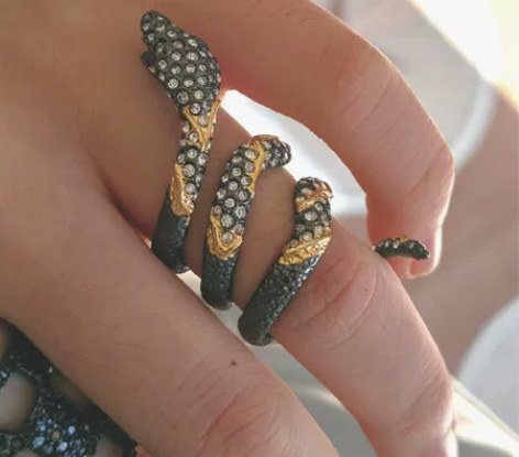 AB设计师款正品重工蛇形满钻戒指，鎏金，工...