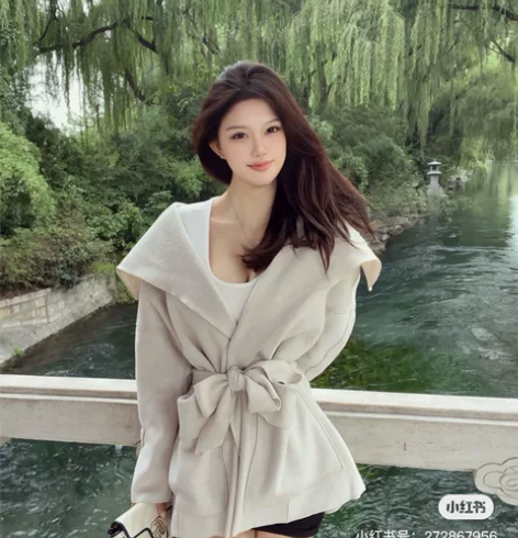 双面尼羊绒大衣米色浴袍领中长款外套 仅试穿...