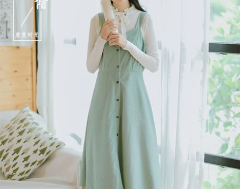 文艺小清新吊带裙灯芯绒背带裙复古chic温...