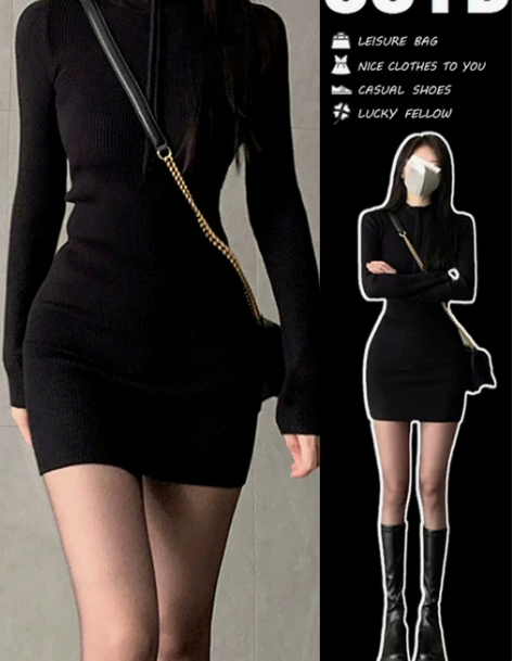 黑色辣妹连衣裙女针织秋冬打底包臀紧身后妈裙...