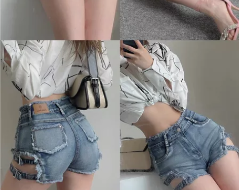 小嗲精必入 浅色弹力紧身做旧牛仔短裤女性感...