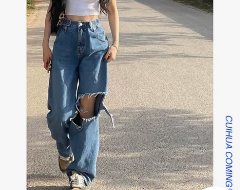 辣妹破洞牛仔裤女夏薄款老爹裤宽松直筒高腰阔...