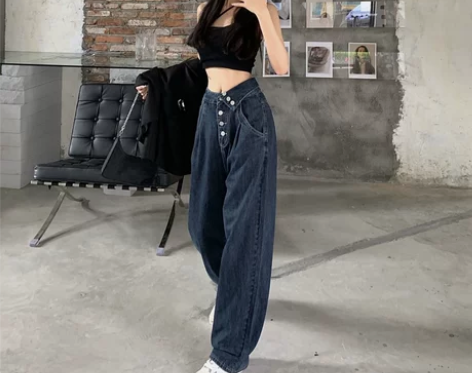 不规则牛仔裤女春装宽松小众新款设计感阔腿显...