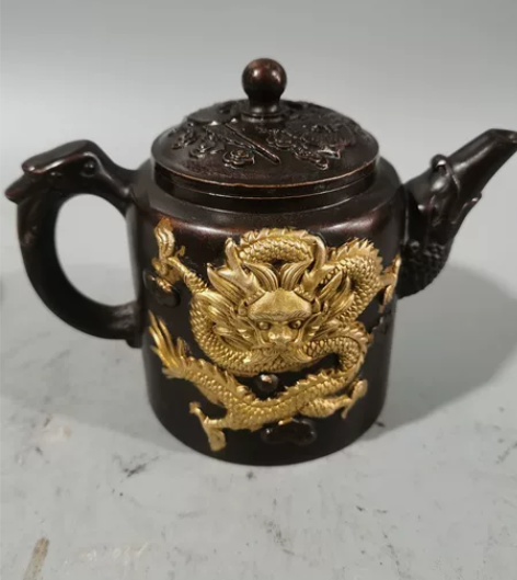仿古紫铜鎏金龙凤茶壶复古铜酒壶水壶手把壶家...