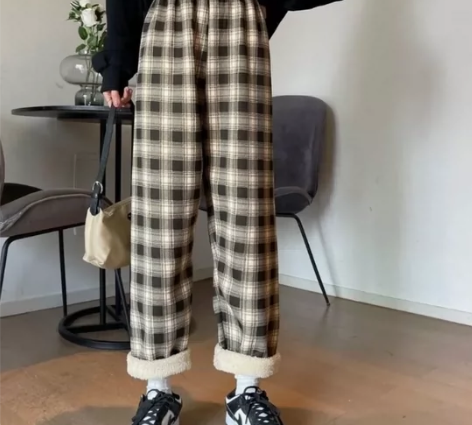 加绒加厚直筒裤冬季2021新款仿羊羔绒格子...