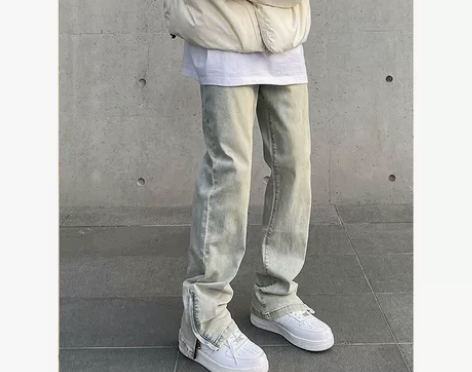 美式高街vibe复古水洗做旧黄泥染拉链开叉...