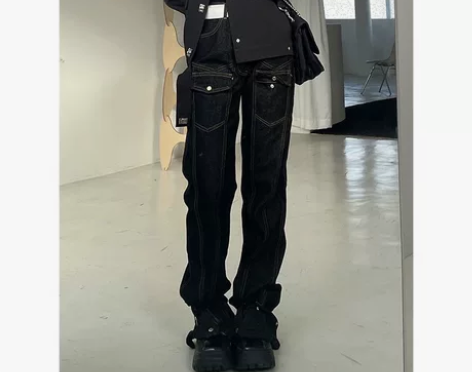 美式嘻哈纯色复古高街洗水牛仔裤个性小众长裤...