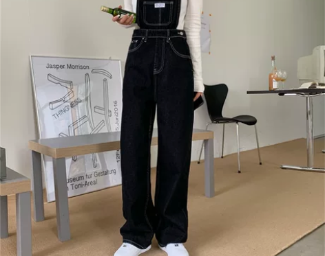 黑色直筒宽松背带长裤女夏季韩版复古高腰港味...