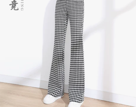 黑白格子裤女春秋垂感弹力休闲复古千鸟格微喇...