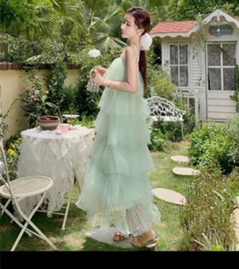 薄荷绿抹胸吊带连衣裙设计感小众网纱层层蛋糕...