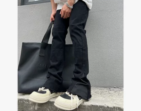 国潮嘻哈毛边黑色微喇叭牛仔裤男女修身牛仔裤...