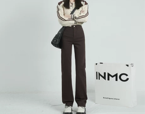 MNVZ新款卡其色直筒牛仔裤女高腰修身显瘦...