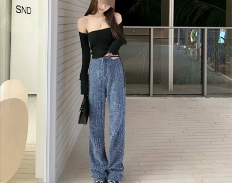 CHICYOU 蓝色小香腰链休闲直筒裤高腰...