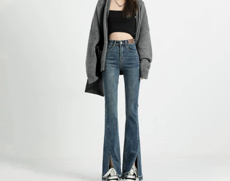 【暖心价】ZNZW复古开叉微喇牛仔裤女20...