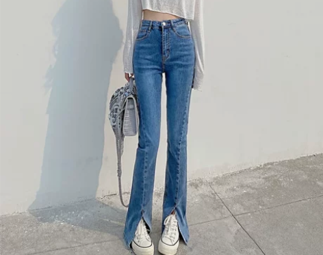 高腰开叉牛仔裤女2022年春装新款阔腿开衩...