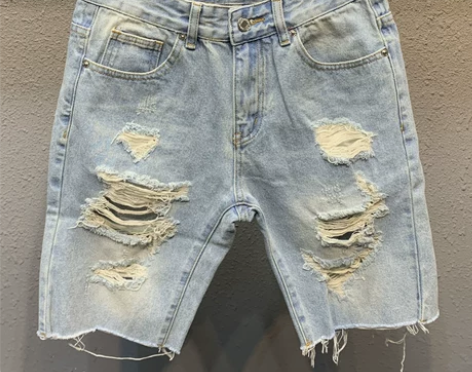 破洞牛仔短裤男浅色五分裤潮流百搭男士宽松毛...
