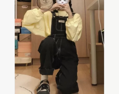黑色牛仔背带裤女小个子2022新款春秋韩版...
