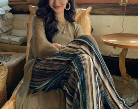 任小艺高腰复古休闲条纹阔腿裤女夏季薄款垂感...