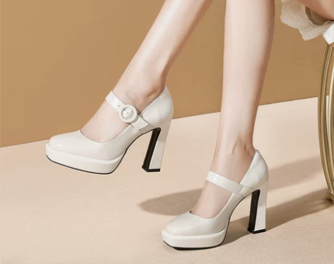 小方头真皮玛丽珍女鞋2022春秋新款搭扣粗...