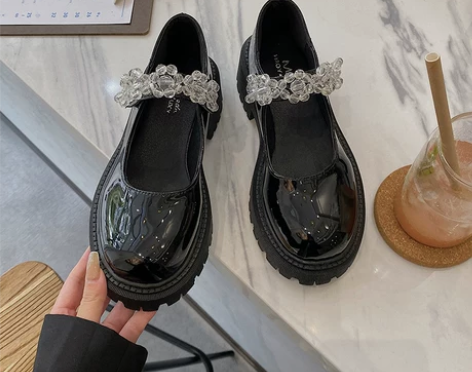 小皮鞋女英伦风2022夏季款日系黑色冰花水...