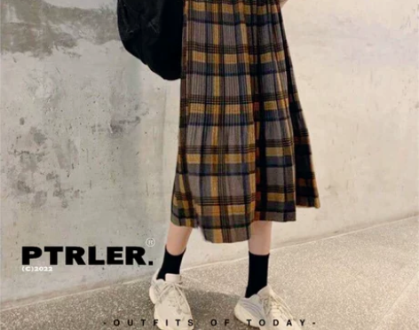PTRLER毛呢格子百褶裙女秋冬新款复古半...