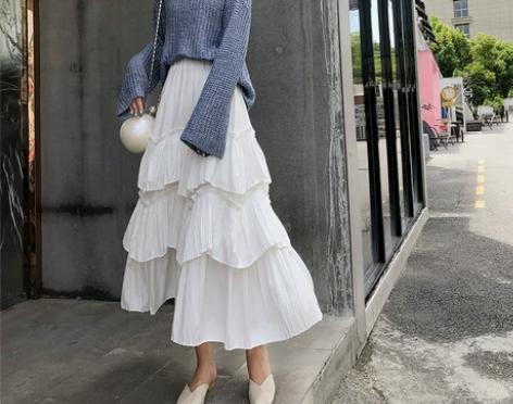 白色多层蛋糕裙2019春秋女中长款长裙百褶...