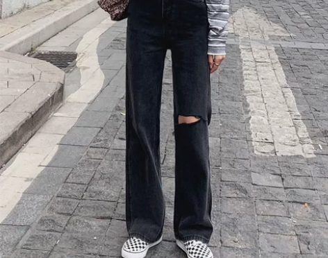 秋季韩版ins复古高腰破洞直筒牛仔裤女百搭...