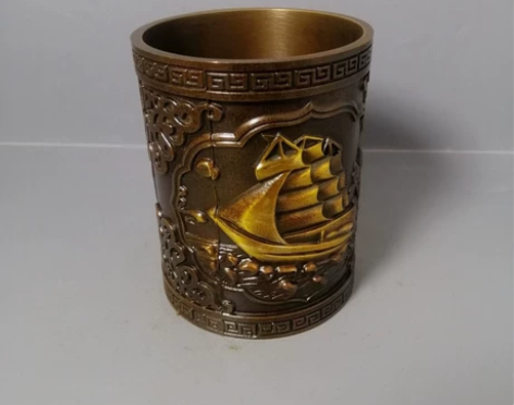 古玩铜器收藏,一帆风顺笔筒,工艺精湛 价格...