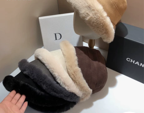 Winnie Lee冬季双面麂皮帽子女毛绒...