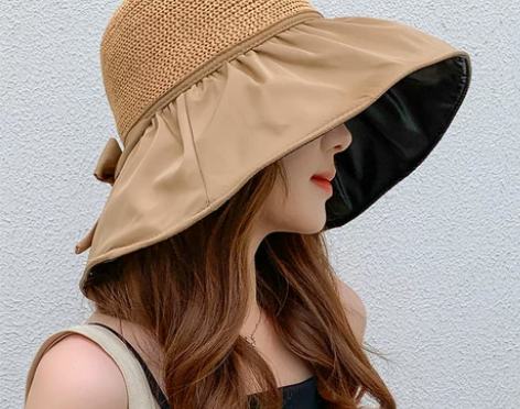 夏季黑胶蝴蝶结遮阳帽女镂空草帽防紫外线大檐...