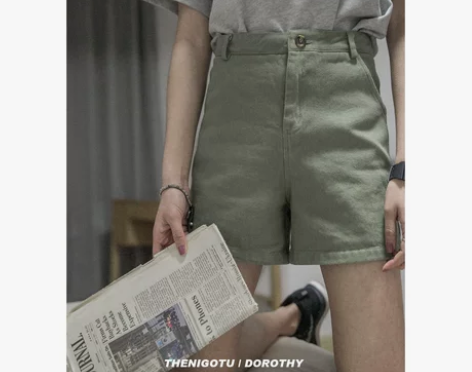 DOROTHY丨斜纹粗布短裤女军绿色显瘦高...