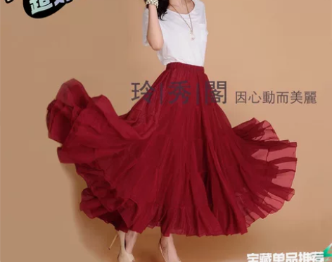新款大摆半身长裙 ，纯酒红色雪纺舞蹈裙 百...