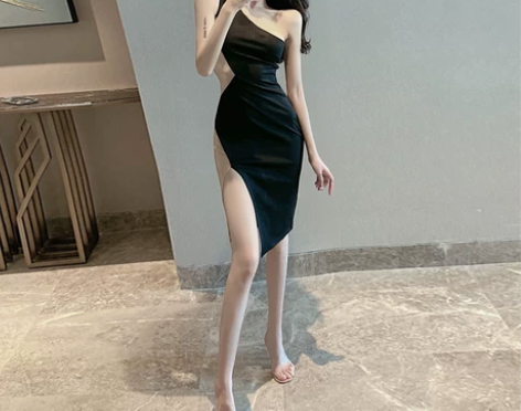 御姐风夏装2021新款裙子修身开叉包臀撞色...