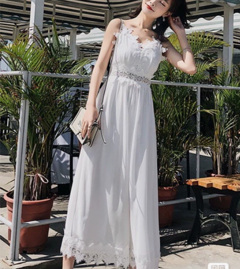 蕾丝花边度假风 雪纺阔腿连体裤 v领吊带连...