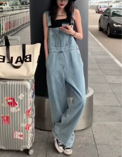 网红牛仔背带裤女韩版宽松阔腿裤