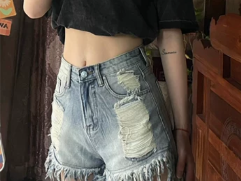 毛边水洗破洞牛仔短裤女ins大码胖mm夏季...
