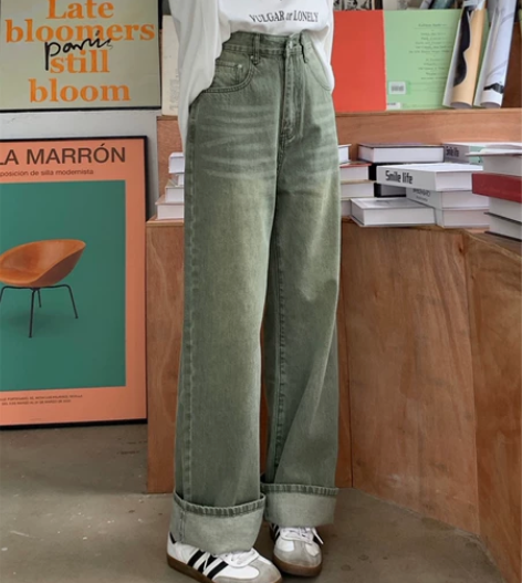 复古做旧牛仔裤子女水洗绿色大码胖妹妹胯宽腿...