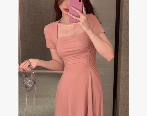 ACHI大也池粉色方领短袖连衣裙夏收腰a字...