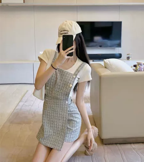 灰色格子背带裙连衣裙女夏高级设计感无袖背心...