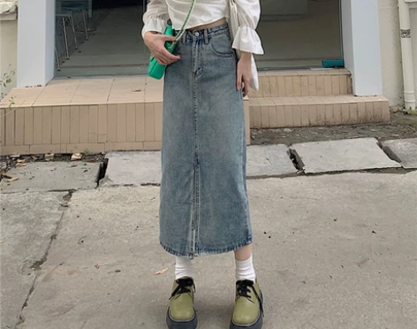 高腰一步裙开叉浅色牛仔半身裙女夏季2022...