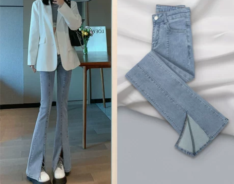开叉阔腿牛仔裤女夏季2022年新款高腰显瘦...