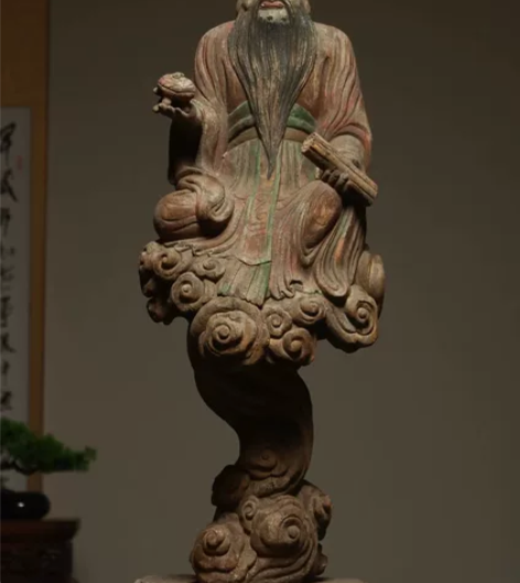 老子造像 木雕彩绘 尺寸 高95厘米面容饱...