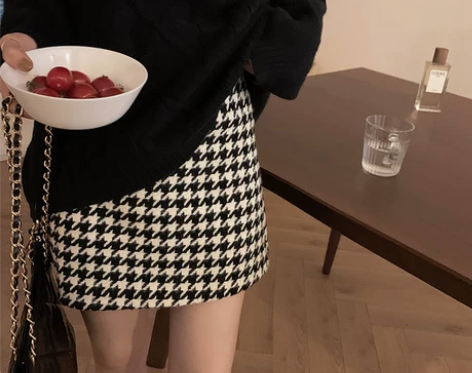 ?大码千鸟格毛呢半身裙a字裙秋冬新款高腰遮...