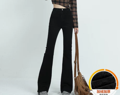 真维斯黑色微喇牛仔裤女秋冬2022新款小个...