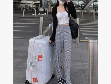 白水 黑白格纹高腰休闲裤女夏薄款百搭宽松显...