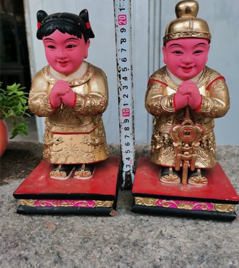 木雕神像，金童玉女一对，樟木，工艺漂亮，尺...