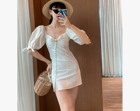 Haze禾枝泡泡袖连衣裙女夏季裙子轻熟风 ...