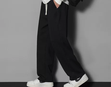 加绒华夫格卫裤冬季男宽松阔腿运动休闲裤加厚...