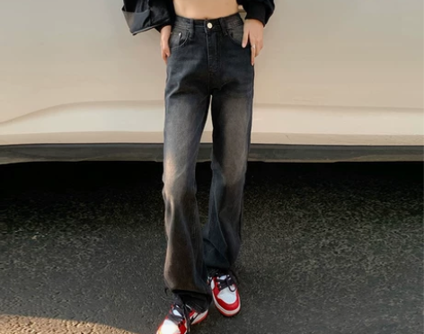 美式黑色高腰牛仔裤女高街辣妹长裤直筒宽松显...