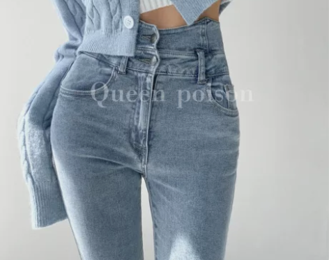 炸街辣妹两粒扣牛仔裤女秋紧身显瘦直筒铅笔裤...